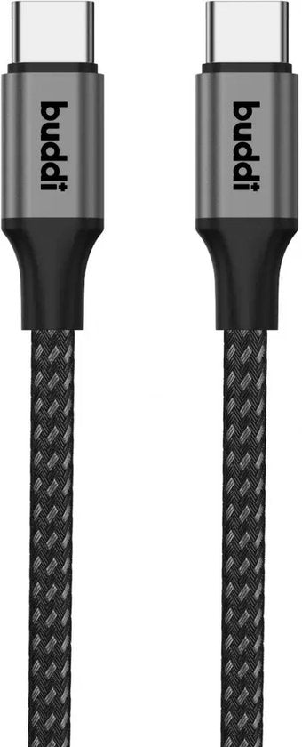 Buddi Flex - USB-C naar USB-C Kabel 60W Fast Charge 20V/3A - Power Delivery - 480Mbps Dataoverdracht - Gevlochten Nylon - 2M Zwart