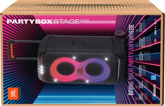 JBL Partybox Stage 320 - Draadloze Bluetooth Party Speaker - Op Wielen - Uitschuifbare Hangreep - LED verlichting - 18 uur - Spatwaterdicht - Zwart