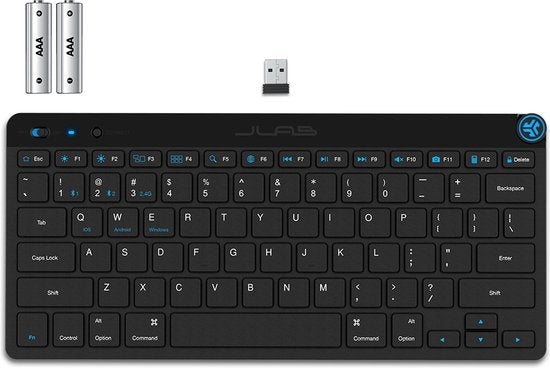 JLab GO Draadloos Toetsenbord - Bluetooth of USB dongle verbinding - 3 Devices - Stille toetsen - Compact design - Volumeknop - Qwerty