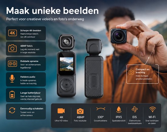 Camigoo® Q3 Pro – 4K Mini Action Camera - Draagbare Actie Camera - Dual Lens Voor & Achter - Incl. 64GB SD Kaart - 150° Groothoek – WiFi Met APP - 180° Draaibaar - 2000mAh Batterij - Loop Recording - Compacte Vlog Camera met Scherm - Zwart