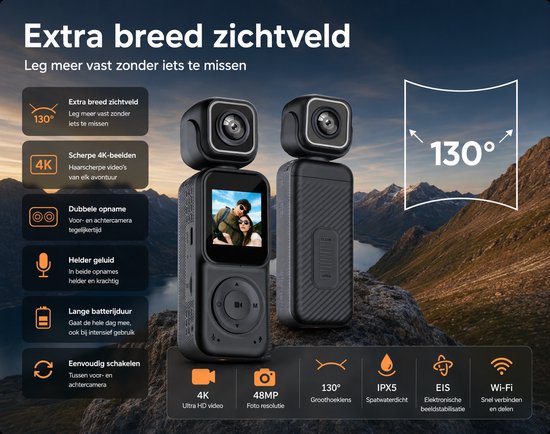 Camigoo® Q3 Pro – 4K Mini Action Camera - Draagbare Actie Camera - Dual Lens Voor & Achter - Incl. 64GB SD Kaart - 150° Groothoek – WiFi Met APP - 180° Draaibaar - 2000mAh Batterij - Loop Recording - Compacte Vlog Camera met Scherm - Zwart