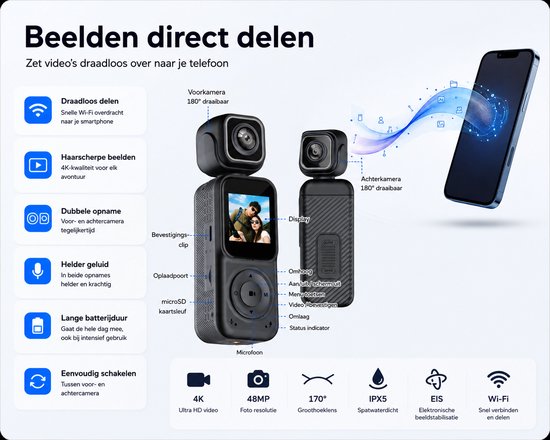 Camigoo® Q3 Pro – 4K Mini Action Camera - Draagbare Actie Camera - Dual Lens Voor & Achter - Incl. 64GB SD Kaart - 150° Groothoek – WiFi Met APP - 180° Draaibaar - 2000mAh Batterij - Loop Recording - Compacte Vlog Camera met Scherm - Zwart