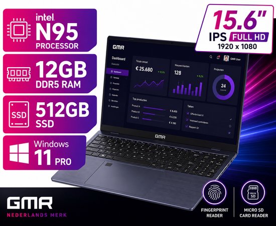 Office Laptop 15.6 Inch Full HD - Intel N95 - 12GB DDR5 RAM - 512GB SSD - Windows 11 Pro - GMR Notebook voor Studie, School, Office, Internet, E-mail en Thuiswerken - Zakelijke Laptop - Studenten Laptop - Werk Laptop