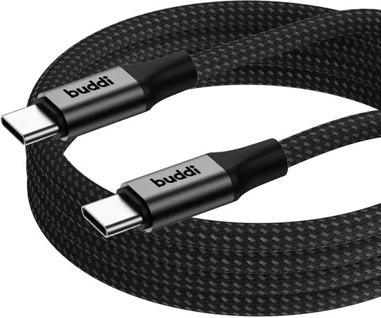 Buddi Flex - USB-C naar USB-C Kabel 60W Fast Charge 20V/3A - Power Delivery - 480Mbps Dataoverdracht - Gevlochten Nylon - 2M Zwart