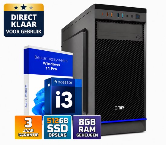 Desktop Computer Intel Core i3 | 8GB RAM | 512GB SSD | Windows 11 Pro | Office PC | Werkcomputer | Zakelijke Computer | Thuiswerk PC | Studie Computer | Kantoor PC | Plug & Play | Direct Klaar voor Gebruik | WiFi | 3 Jaar Garantie