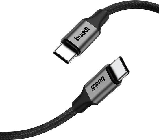 Buddi Flex - USB-C naar USB-C Kabel 60W Fast Charge 20V/3A - Power Delivery - 480Mbps Dataoverdracht - Gevlochten Nylon - 2M Zwart