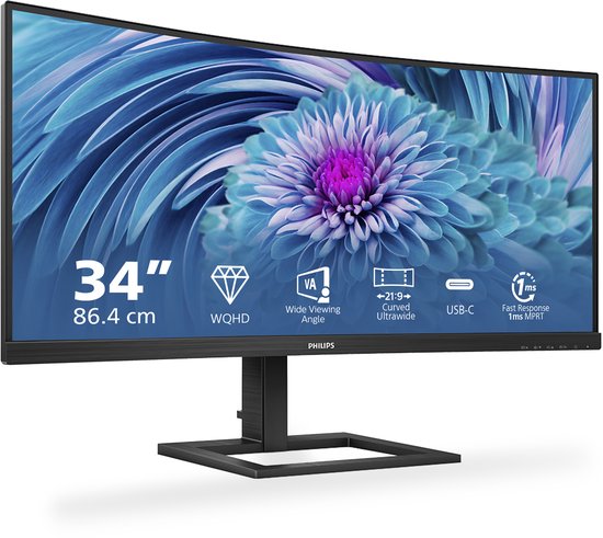 Philips 346E2CUAE - QHD Curved Ultrawide Monitor - USB-C 65w - EPEAT & TCO - 34 Inch