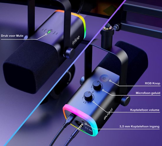FIFINE - AM8T - USB / XLR Studio microfoon - PC-Gaming Met Flexibele Arm ( 66cm! ) - Geschikt voor PC/PS4/PS5 - RGB - Podcast - Gaming - Streaming - Zwart