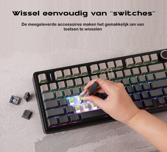 EPOMAKER x AULA F75 - Zwart/Grijs - Mechanisch Draadloos Toetsenbord - RGB - 75% - QWERTY - Gaming Keyboard - Leobog Reaper Switch