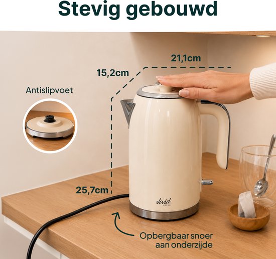 Vivid Green Luxe Waterkoker 1.7L - Retro Design - 2200W - BPA-vrij - 360° - RVS - Creme
