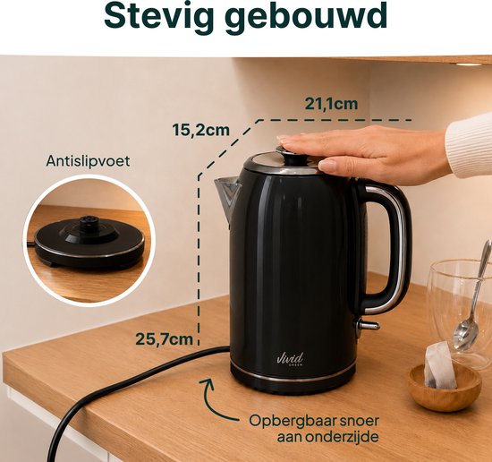 Vivid Green Luxe Waterkoker 1.7L - Retro Design - 2200W - BPA-vrij - 360° - RVS - Zwart