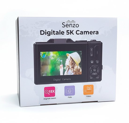 Senzo Digitale Camera 5K met WiFi - 75MP - 18 x Zoom - 60FPS - Fotocamera - Fototoestel - Compact Camera - Vlog Camera - Video Camera - Incl. 64GB