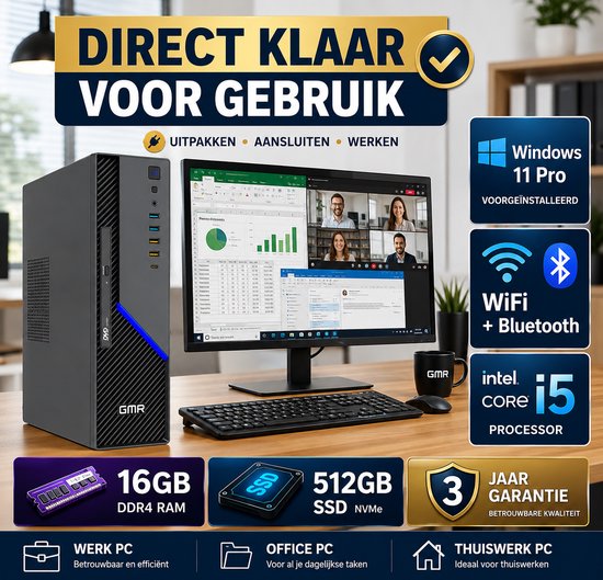 Office PC Intel Core i5 | 16GB RAM | 512GB SSD | Windows 11 Pro | WiFi & Bluetooth | Zakelijke Computer | Werkcomputer | Thuiswerk PC | Desktop Computer | Plug & Play | Klaar voor Gebruik | DVD-RW | Office Geschikt | Studie PC | 3 Jaar Garantie