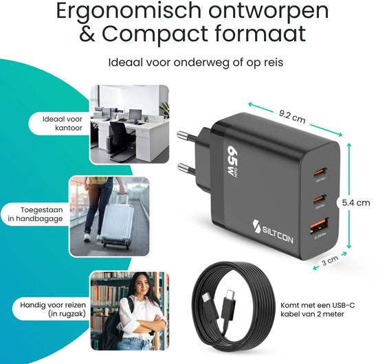 Siltcon® 3-in-1 Snellader USB C 65W - USB C Adapter - Oplader USB C - 2x USB-C PD 65W - 1x USB-A PD 22.5W - GaN - Universeel o.a. Telefoons, Laptops - 2 Meter 65W USB-C Snellaadkabel