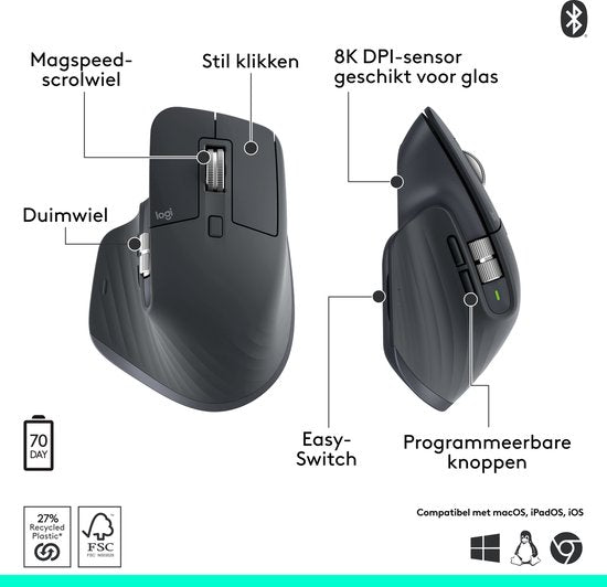Logitech MX Master 3SE - Draadloze Muis - Graphite - Windows, Linux, Chrome - Exclusief Logi Bolt USB-ontvanger
