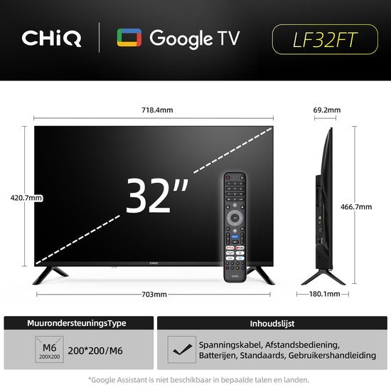 CHiQ LF32FT - Smart TV 32 Inch - Full HD - Metalen Randloos - Google TV - Dolby Audio - HDMI - Nieuw