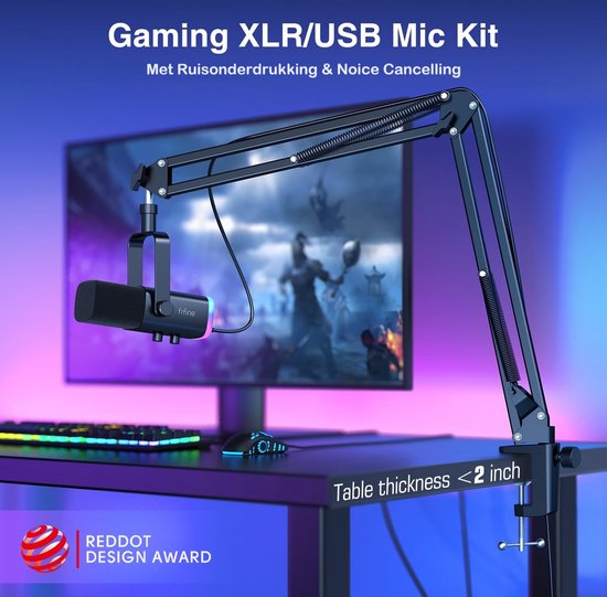 FIFINE - AM8T - USB / XLR Studio microfoon - PC-Gaming Met Flexibele Arm ( 66cm! ) - Geschikt voor PC/PS4/PS5 - RGB - Podcast - Gaming - Streaming - Zwart