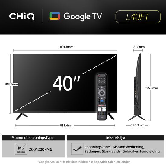 CHiQ L40FT - Smart TV 40 Inch - Full HD - Google TV - Randloos Metal Design - Dolby Audio - Nieuw