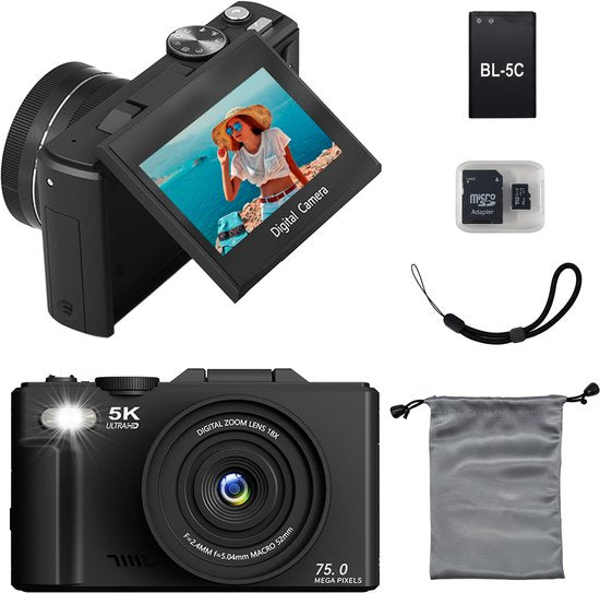 Senzo Digitale Camera 5K met WiFi - 75MP - 18 x Zoom - 60FPS - Fotocamera - Fototoestel - Compact Camera - Vlog Camera - Video Camera - Incl. 64GB