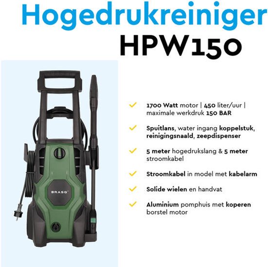 BRASQ Hogedrukreiniger - Terrasreiniger - Hogedrukspuit – 2000W - 150 bar - 468 L/H - Complete set