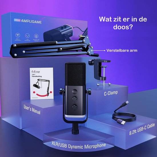 FIFINE - AM8T - USB / XLR Studio microfoon - PC-Gaming Met Flexibele Arm ( 66cm! ) - Geschikt voor PC/PS4/PS5 - RGB - Podcast - Gaming - Streaming - Zwart