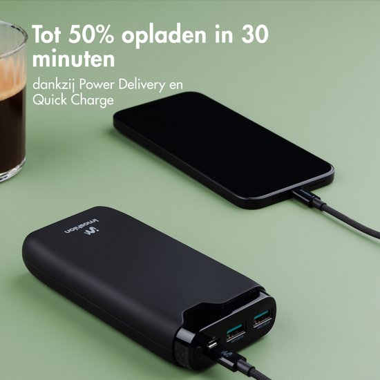 imoshion® Powerbank 20000 mAh - 22.5W Snellader - USB C / USB A - LED Display - Powerbanks - Universeel - Noodpakket - Zwart