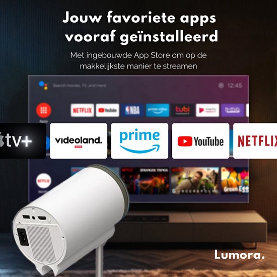 Lumora® Pro Mini Beamer 2026 – Alles-in-één Smart TV Projector – 4K Ultra HD – Android 13 – WiFi 6 & Bluetooth 5.4 – Voor iOS & Android – Inclusief in hoogte verstelbare standaard – Wit