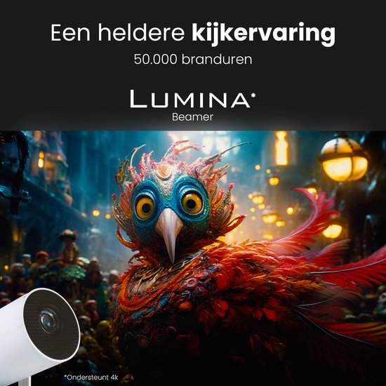 Lumina® Pro Mini Beamer 2026 – Android 14 Smart Projector met Google Playstore – Thuisbioscoop – Voor iOS & Android – WiFi 6 & Bluetooth 5.4 – Wit