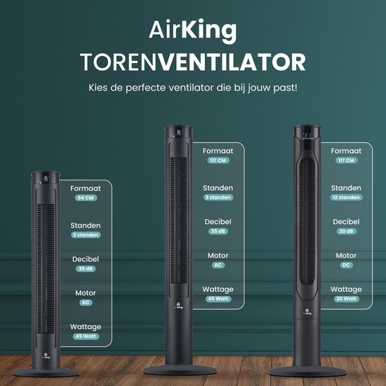 AirKing Torenventilator 117cm - Kolomventilator met Afstandsbediening - Ventilator staand met Timer - 3 Snelheidsstanden - Oscillatie & Dimbaar LED Scherm - Energiezuinig - Koelventilator voor Kamer - Zwart