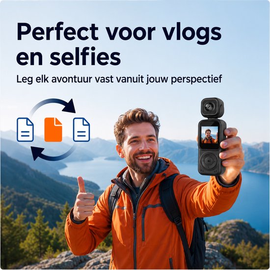 Camigoo® Q3 Pro – 4K Mini Action Camera - Draagbare Actie Camera - Dual Lens Voor & Achter - Incl. 64GB SD Kaart - 150° Groothoek – WiFi Met APP - 180° Draaibaar - 2000mAh Batterij - Loop Recording - Compacte Vlog Camera met Scherm - Zwart