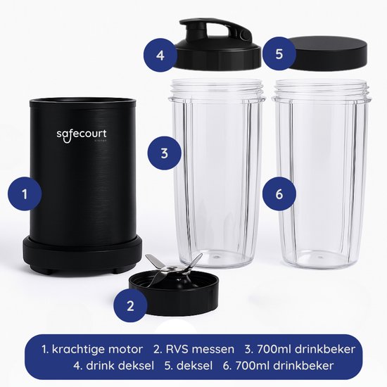 Safecourt Kitchen Power Blender – 1000W – Smoothie Maker voor IJs & Bevroren Fruit – BPA-vrij – To-Go Beker – Zwart