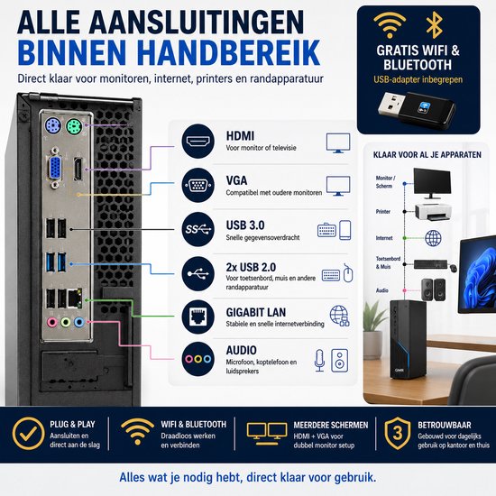 Office PC Intel Core i5 | 16GB RAM | 512GB SSD | Windows 11 Pro | WiFi & Bluetooth | Zakelijke Computer | Werkcomputer | Thuiswerk PC | Desktop Computer | Plug & Play | Klaar voor Gebruik | DVD-RW | Office Geschikt | Studie PC | 3 Jaar Garantie