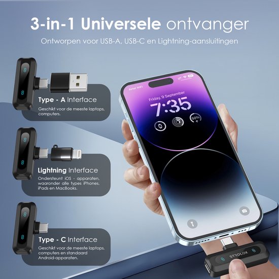 Strolox® Draadloze Microfoon Pro - 2 Stuks - Lavalier - Windshields - Dasspeld - Lange Batterij - USB-C/Lightning - Plug & Play