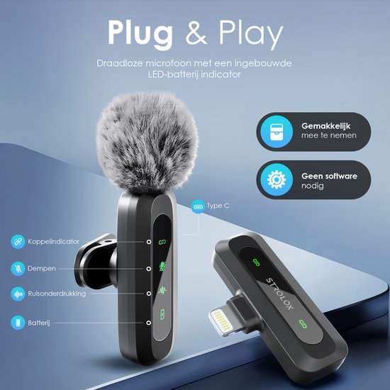 Strolox® Draadloze Microfoon Pro - 2 Stuks - Lavalier - Windshields - Dasspeld - Lange Batterij - USB-C/Lightning - Plug & Play