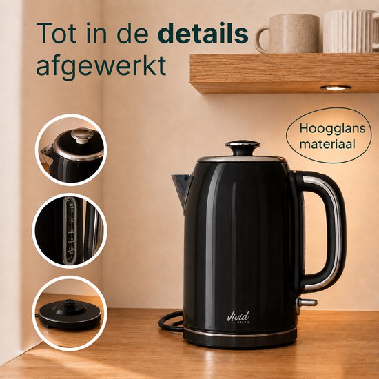 Vivid Green Luxe Waterkoker 1.7L - Retro Design - 2200W - BPA-vrij - 360° - RVS - Zwart