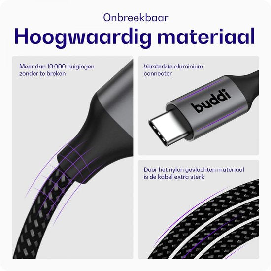 Buddi Flex - USB-C naar USB-C Kabel 60W Fast Charge 20V/3A - Power Delivery - 480Mbps Dataoverdracht - Gevlochten Nylon - 2M Zwart