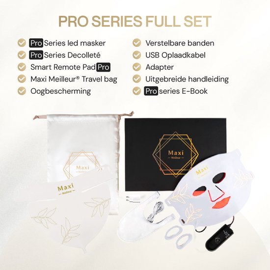 Maxi Meilleur® Pro Series full set - led masker & decolleté – uw verbeterde anti aging routine met lichttechnologie - huidverjongingsapparaat - Red Light Therapy (rood & infrarood licht) - LED Gezichtsmasker & Decolleté White