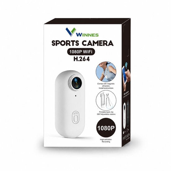WINNES Mini Action Camera 1080P HD – WiFi Sportcamera / Bodycam met 120° Groothoeklens, Magnetische Clip & Lanyard – Handsfree POV Camera voor Fietsen, Motor, Reizen, Vloggen, Dashcam & Huisdieren