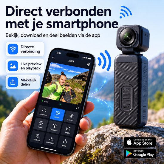 Camigoo® Q3 Pro – 4K Mini Action Camera - Draagbare Actie Camera - Dual Lens Voor & Achter - Incl. 64GB SD Kaart - 150° Groothoek – WiFi Met APP - 180° Draaibaar - 2000mAh Batterij - Loop Recording - Compacte Vlog Camera met Scherm - Zwart