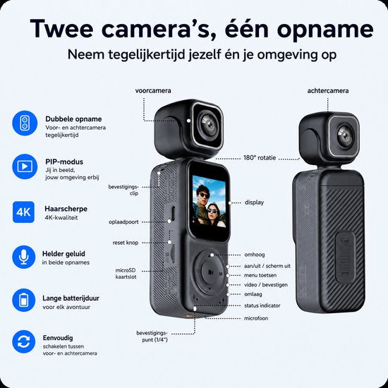 Camigoo® Q3 Pro – 4K Mini Action Camera - Draagbare Actie Camera - Dual Lens Voor & Achter - Incl. 64GB SD Kaart - 150° Groothoek – WiFi Met APP - 180° Draaibaar - 2000mAh Batterij - Loop Recording - Compacte Vlog Camera met Scherm - Zwart