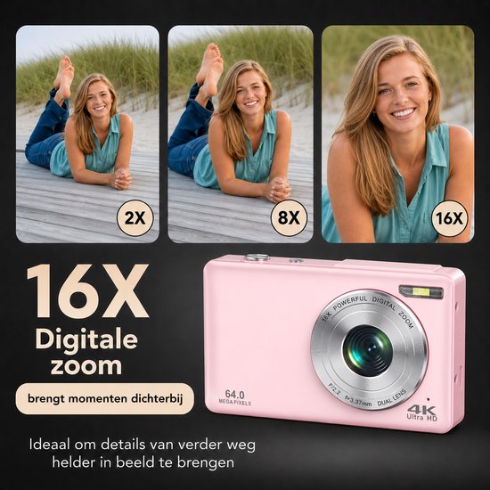 K&L Digitale Camera - 4K Ultra HD & 64MP - 64GB - Fotocamera - Inc. Selfiecamera - Vlog Camera voor Kinderen en Volwassenen - Compact Camera - Foto & Video - Dual Lens - 16x Zoom