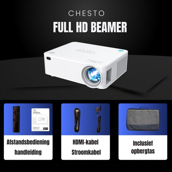 Chesto Beamer FULL HD (4K-Ondersteuning) - 12.000 lumen - Streamen vanaf je telefoon met wifi - Inclusief draagtas