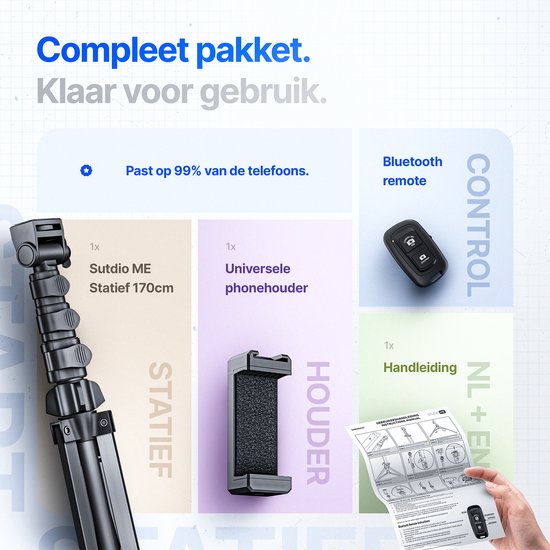 Studio ME Telefoon Statief - 170 cm - Tripod Smartphone - Zwart - Camera Statief - Telefoonhouder - Incl. Bluetooth Afstandsbediening - Tripod Iphone - Statief Telefoon