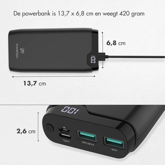 imoshion® Powerbank 20000 mAh - 22.5W Snellader - USB C / USB A - LED Display - Powerbanks - Universeel - Noodpakket - Zwart