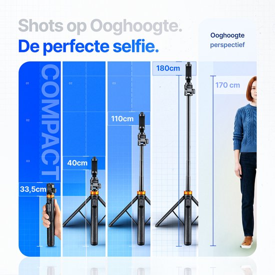 Studio ME Telefoon Statief - 180 cm - Selfiestick Tripod - Action Camera Statief - Incl. Bluetooth Afstandsbediening - Tripod Smartphone