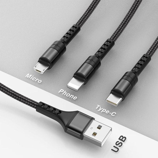 Multi USB-kabel, 3-in-1 multi USB-oplader, gevlochten nylonkabel met micro-USB-type C-connectoren voor Samsung Galaxy S10/S9/S8, Huawei P30/P20, Honor, OnePlus, Wiko, Kindle 1,2 m (zwart)