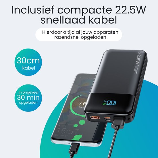 Siltcon® Powerbank 30000 mAh– Powerbanks 22.5W Snellader – USB-A/USB-C - LED Indicatie - Noodpakket - Universeel - Incl. 22.5W USB-C Snellaadkabel