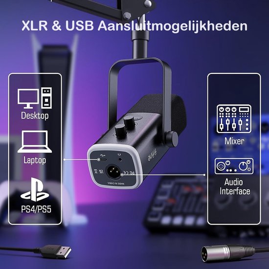 FIFINE - AM8T - USB / XLR Studio microfoon - PC-Gaming Met Flexibele Arm ( 66cm! ) - Geschikt voor PC/PS4/PS5 - RGB - Podcast - Gaming - Streaming - Zwart