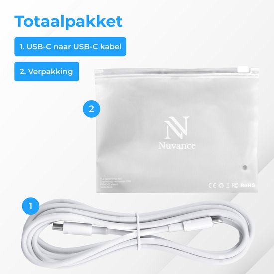 Nuvance Usb C Kabel - 100W - Usb C naar Usb C - 2 Meter - Usb-C Kabels - Snellader - 480Mb/ps Data - Usb C Oplader - Wit