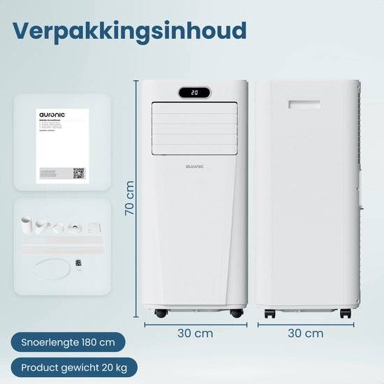 Auronic Mobiele Airco - 7.000 BTU - 3-in-1 - Airconditioning met 2 Raamafdichtingskits - Ventilator - Ontvochtiger - Tot 20m² - Wit